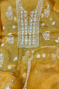 Exquisite Yellow Chikankari Organza Suit: Hand Embroidered Elegance - Luxurion World