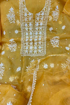 Exquisite Yellow Chikankari Organza Suit: Hand Embroidered Elegance - Luxurion World