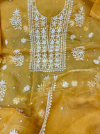 Exquisite Yellow Chikankari Organza Suit: Hand Embroidered Elegance - Luxurion World
