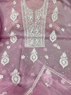 Elegant Pink Chikankari Organza Suit: Hand Embroidered Luxury - Luxurion World