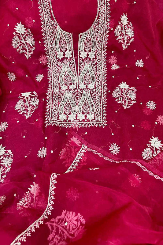 Elegant Pink Chikankari Organza Suit: Hand-Embroidered Perfection
