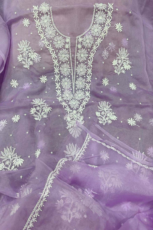 Elegant Purple Chikankari Organza Suit: Hand-Embroidered Perfection