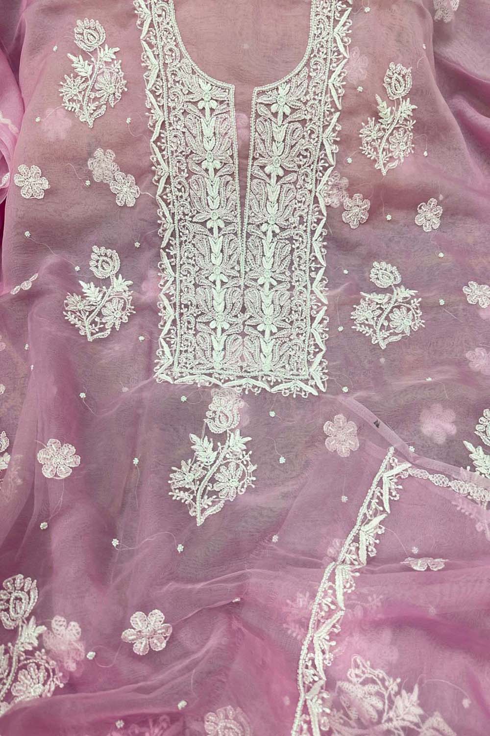 Elegant Pink Chikankari Organza Suit: Hand Embroidered Two Piece Set - Luxurion World