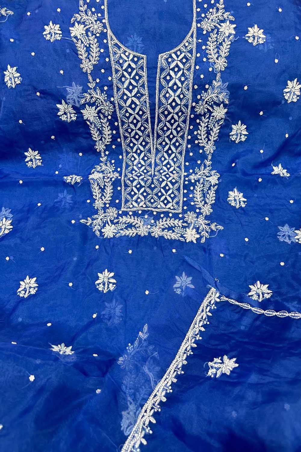 Elegant Blue Chikankari Organza Suit Set: Hand Embroidered Perfection - Luxurion World