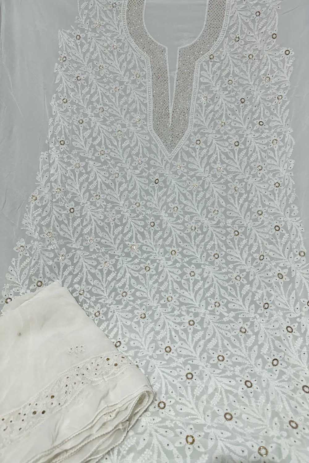 Exquisite Georgette Unstitched Suit: Hand-Embroidered Chikankari Mukaish Work - Luxurion World