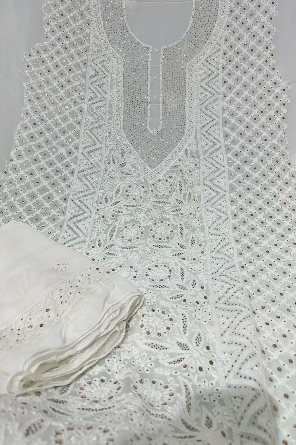 Elegant Hand Embroidered Georgette Unstitched  Suit: Dazzling Dyeable Chikankari Mukaish Work - Luxurion World