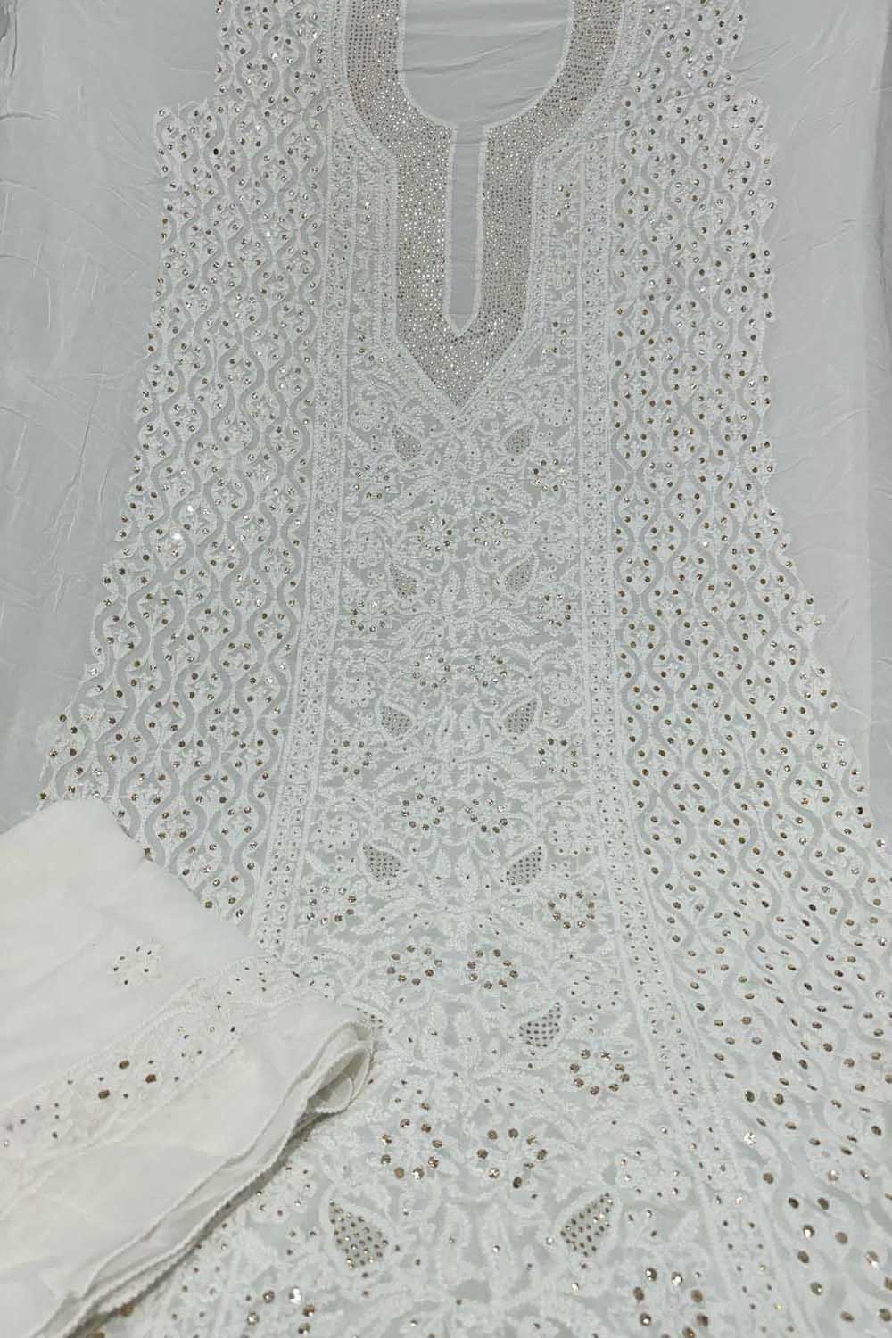 Elegant Hand Embroidered Georgette Unstitched Suit: Dazzling Dyeable Chikankari Mukaish Work - Luxurion World