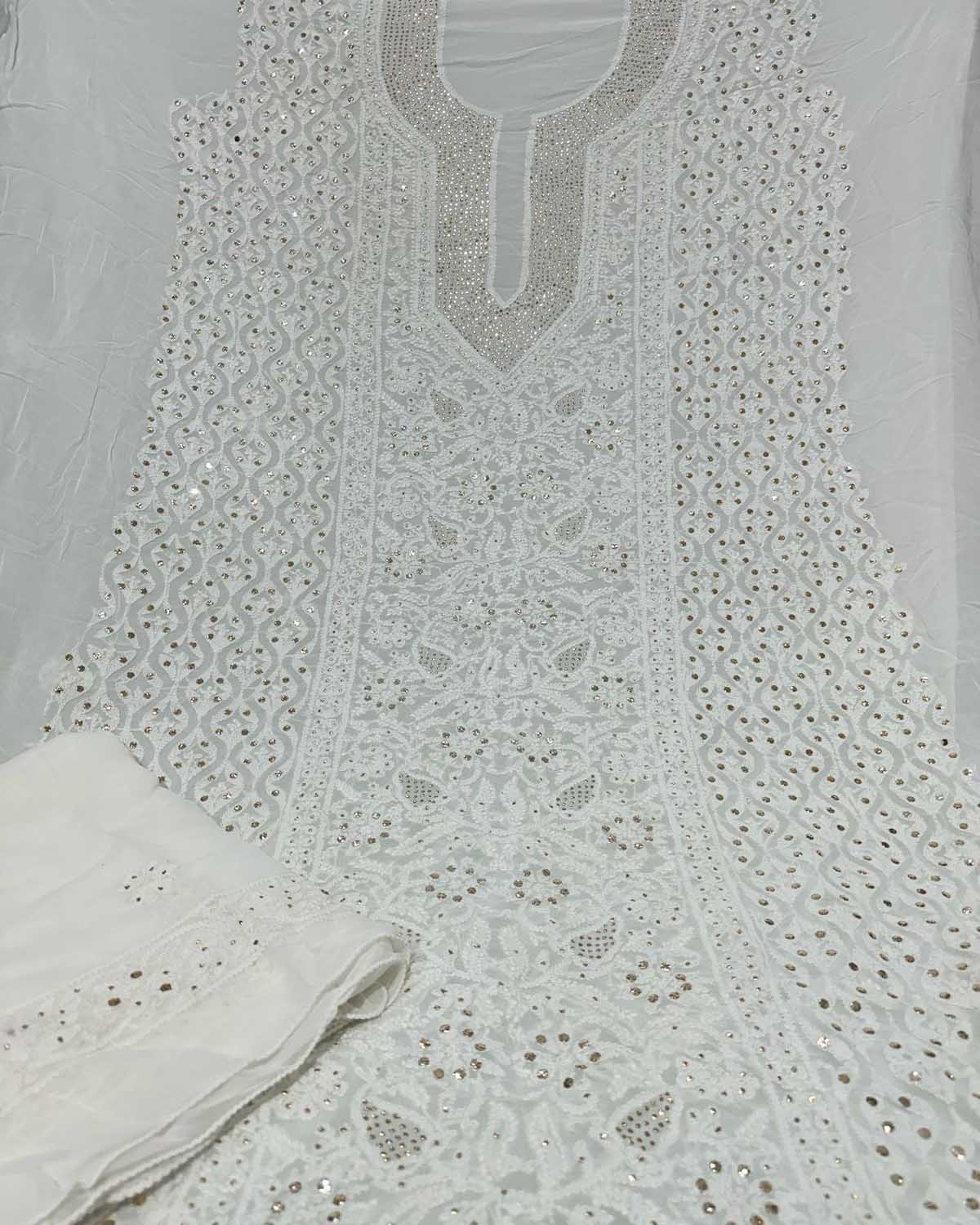 Elegant Hand Embroidered Georgette Unstitched Suit: Dazzling Dyeable Chikankari Mukaish Work - Luxurion World