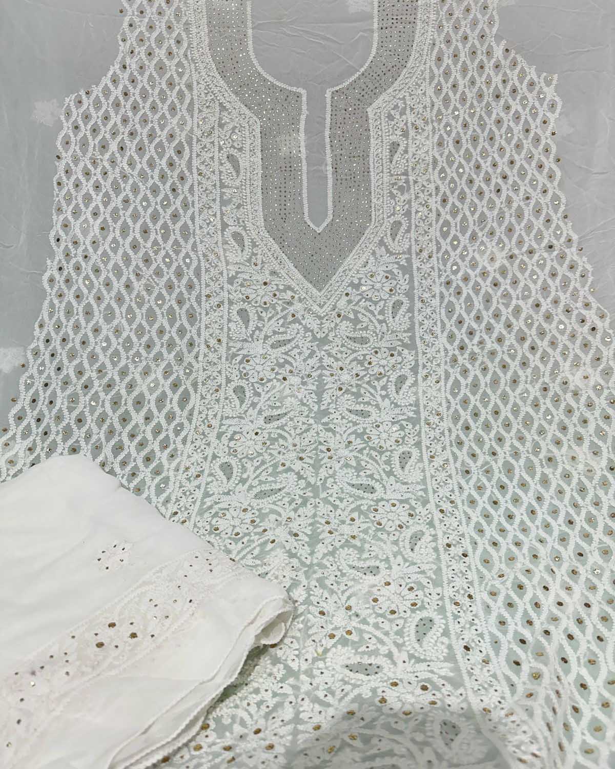Elegant Georgette Unstitched Suit Set with Dazzling Dyeable Chikankari Mukaish Work - Luxurion World