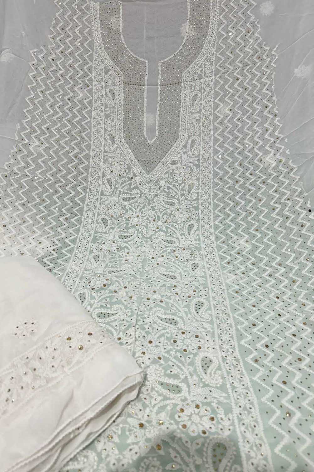 Elegant Hand Embroidered Georgette Unstitched Suit: Dazzling Dyeable Chikankari Mukaish Work - Luxurion World