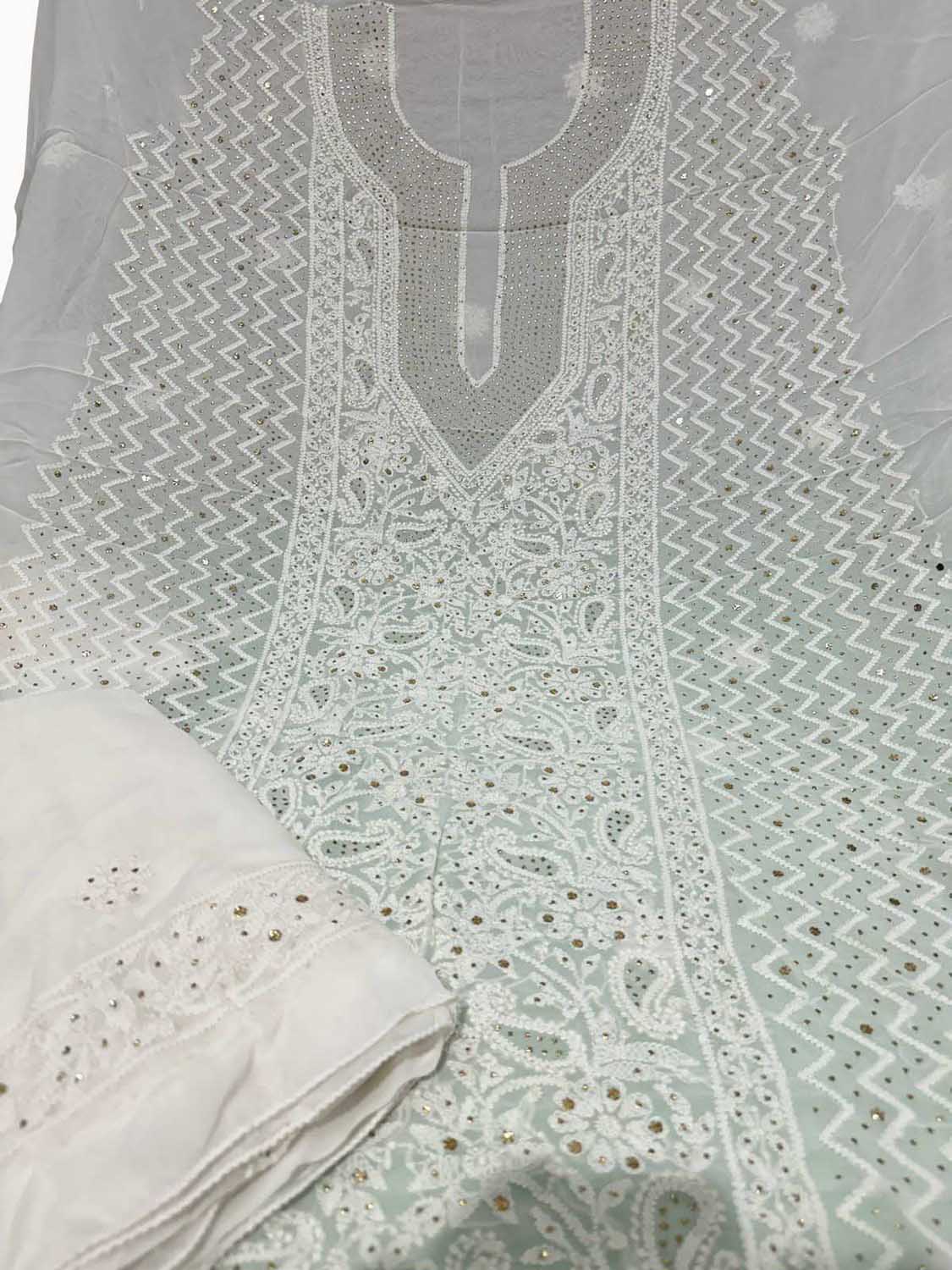 Elegant Hand Embroidered Georgette Unstitched Suit: Dazzling Dyeable Chikankari Mukaish Work - Luxurion World