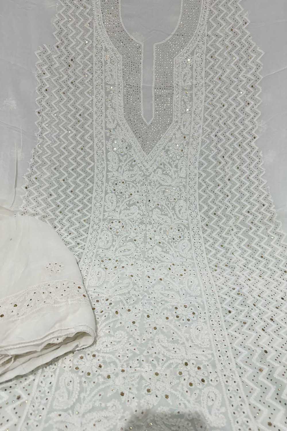 Elegant Hand Embroidered Georgette Unstitched Suit: Dazzling Dyeable Chikankari Mukaish Work - Luxurion World