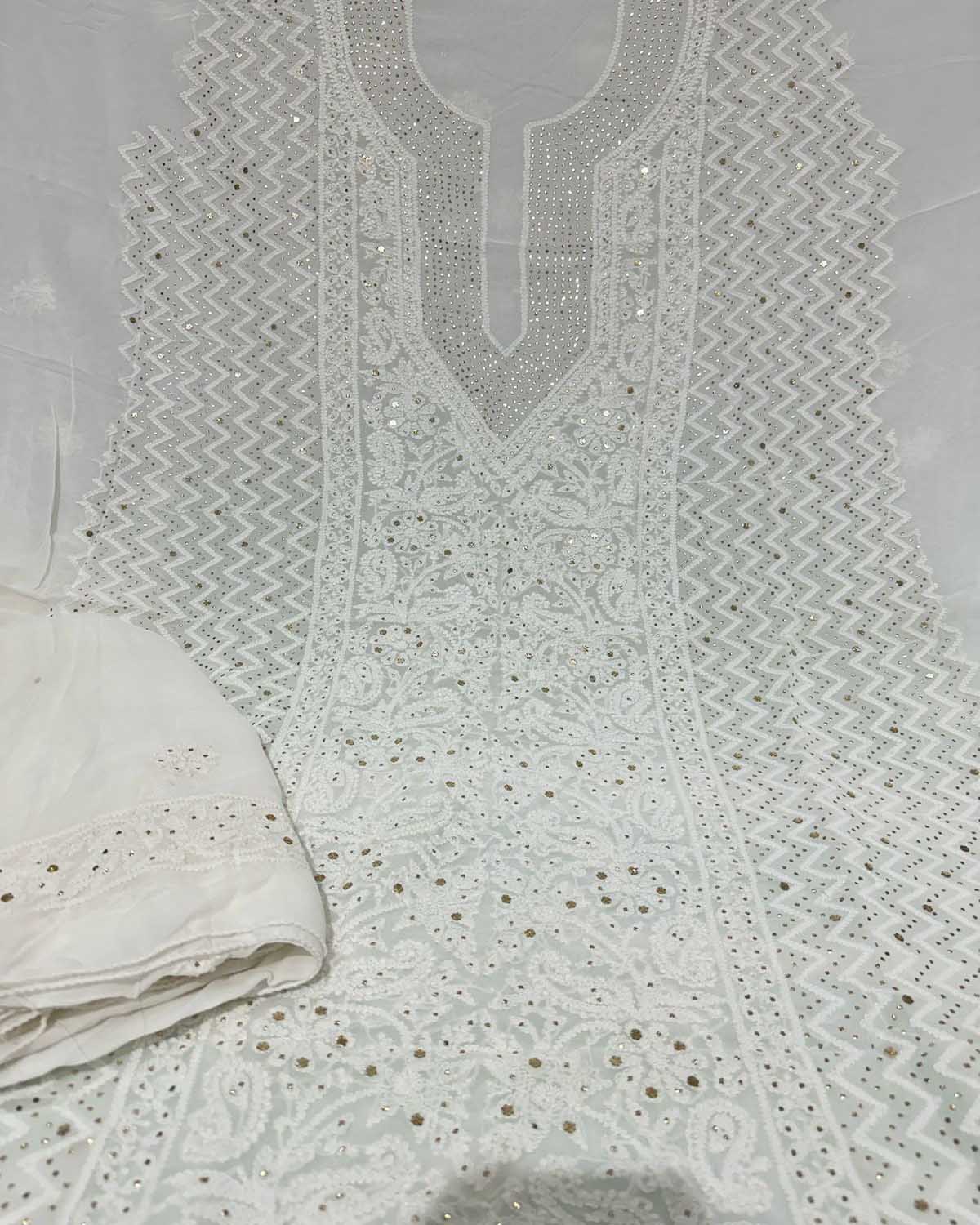 Elegant Hand Embroidered Georgette Unstitched Suit: Dazzling Dyeable Chikankari Mukaish Work - Luxurion World