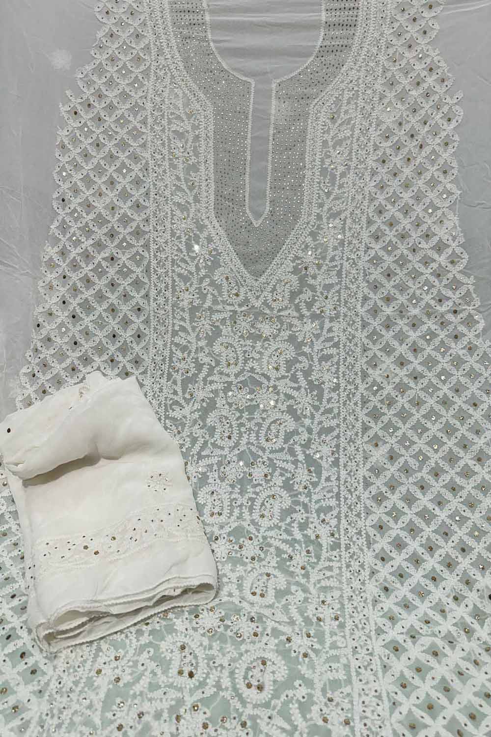 Elegant Georgette Unstitched  Suit Set: Customizable Chikankari Mukaish Embroidery - Luxurion World