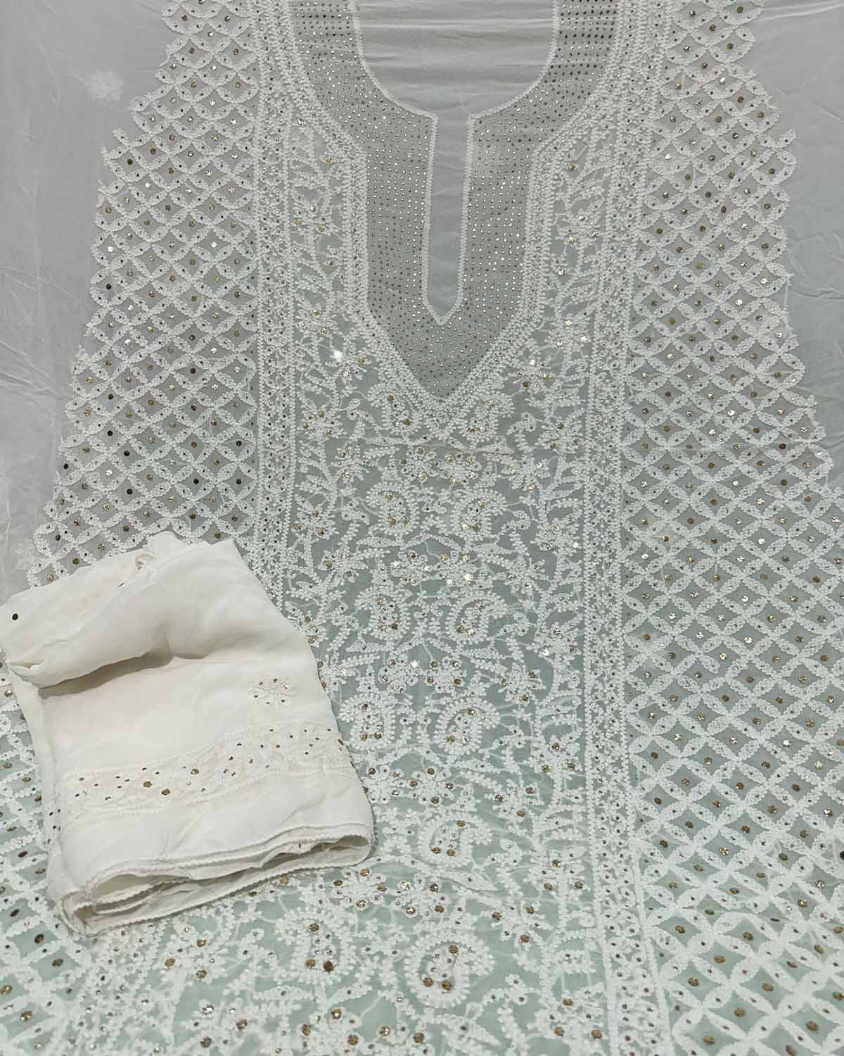Elegant Georgette Unstitched  Suit Set: Customizable Chikankari Mukaish Embroidery - Luxurion World
