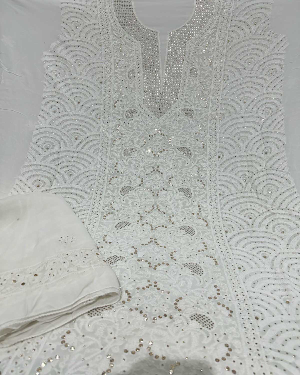 Elegant Hand-Embroidered Georgette Unstitched Suit: Dazzling Dyeable Chikankari Mukaish Work - Luxurion World