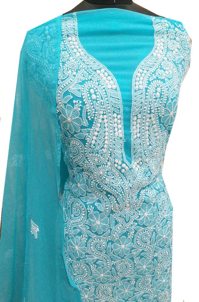 Blue Embroidered Chikankari Georgette Two Piece Unstitched Suit Set - Luxurion World