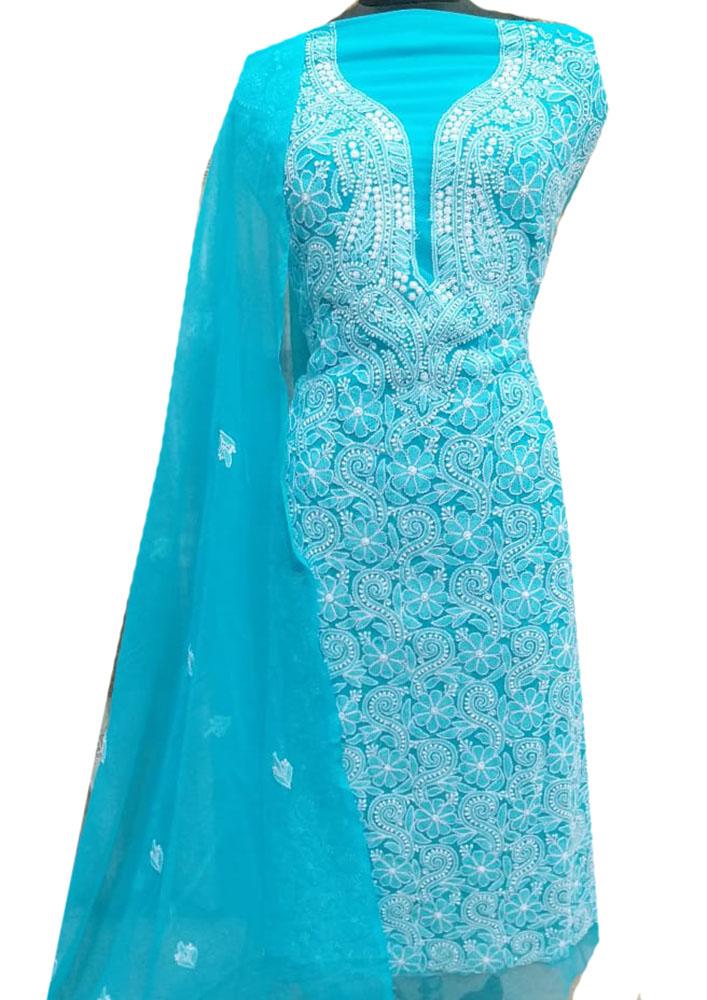 Blue Embroidered Chikankari Georgette Two Piece Unstitched Suit Set - Luxurion World
