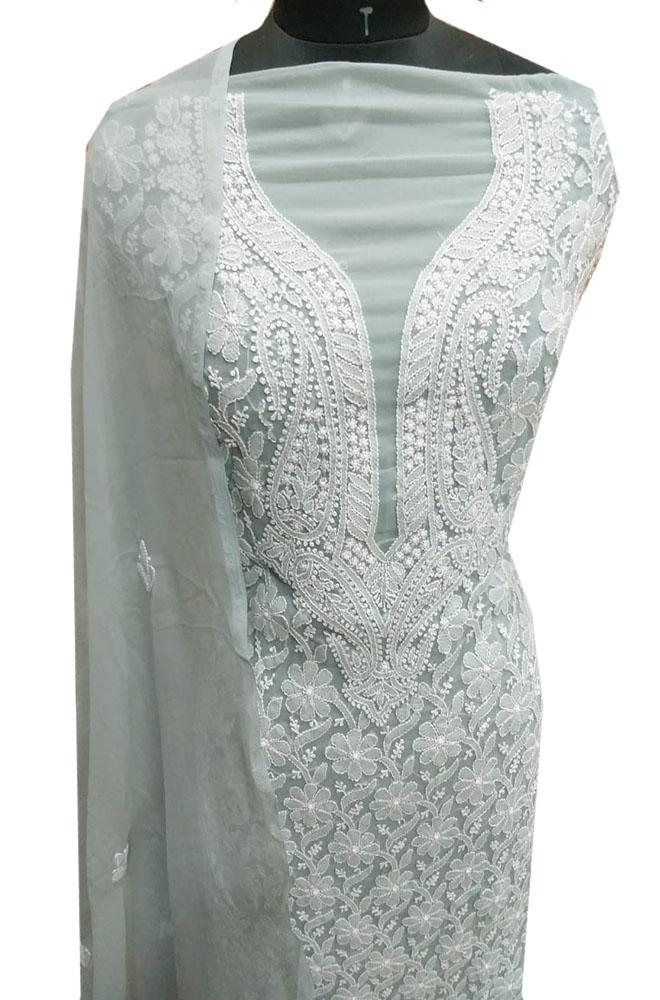 Grey Embroidered Chikankari Georgette Two Piece Unstitched Suit Set - Luxurion World