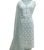 Grey Embroidered Chikankari Georgette Two Piece Unstitched Suit Set - Luxurion World