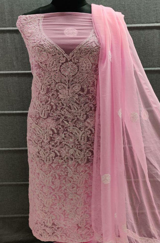 Pink Embroidered Chikankari Chiffon Georgette Three Piece Unstitched Suit Set - Luxurion World