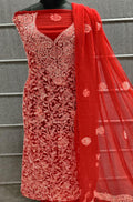 Red Embroidered Chikankari Chiffon Georgette Three Piece Unstitched Suit Set - Luxurion World