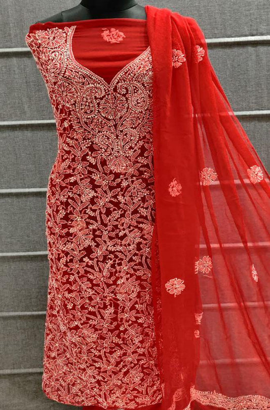 Red Embroidered Chikankari Chiffon Georgette Three Piece Unstitched Suit Set - Luxurion World