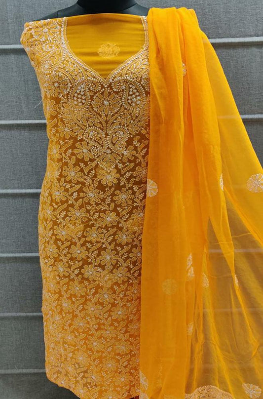 Orange Embroidered Chikankari Chiffon Georgette Three Piece Unstitched Suit Set - Luxurion World