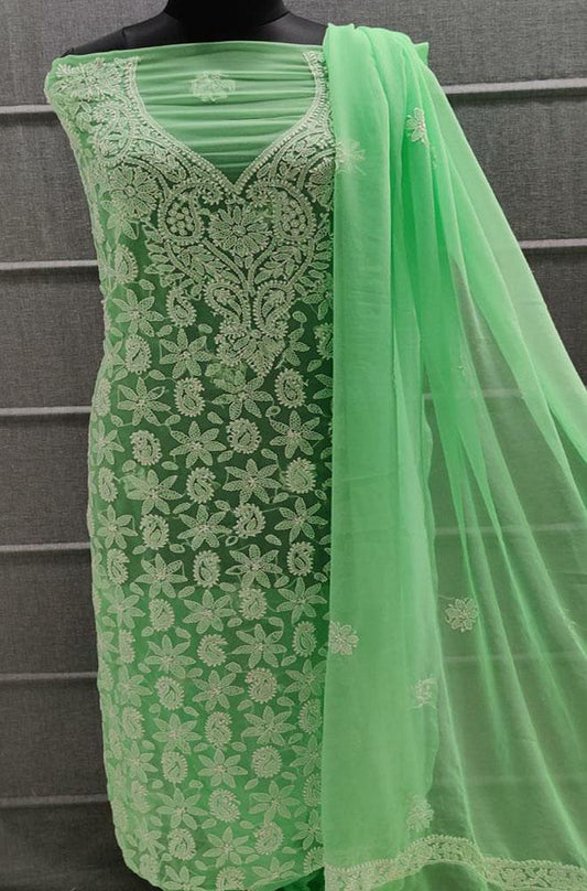 Green Embroidered Chikankari Chiffon Georgette Three Piece Unstitched Suit Set - Luxurion World