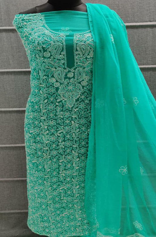 Green Embroidered Chikankari Chiffon Georgette Three Piece Unstitched Suit Set - Luxurion World