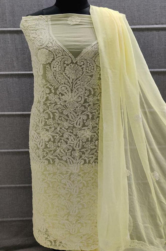 Yellow Embroidered Chikankari Chiffon Georgette Three Piece Unstitched Suit Set - Luxurion World