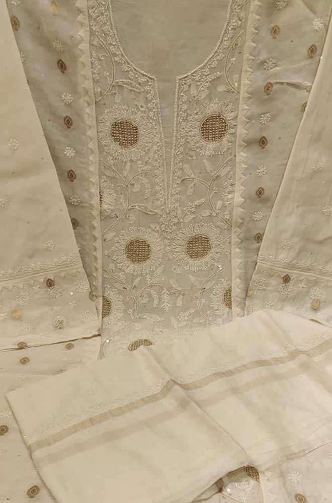 Dyeable Hand Embroidered Chikankari Chanderi Silk Two Piece Unstitched Suit Set - Luxurion World