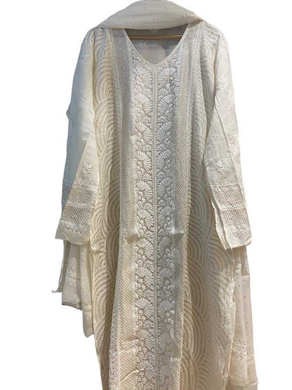 Dyeable Hand Embroidered Chikankari Chanderi Silk Semi Stitched Suit Set With Mukaish Work - Luxurion World
