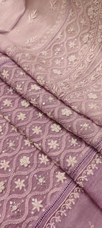 Purple Chikankari Hand Embroidered Chanderi Silk Two Piece Unstitched Suit Set - Luxurion World