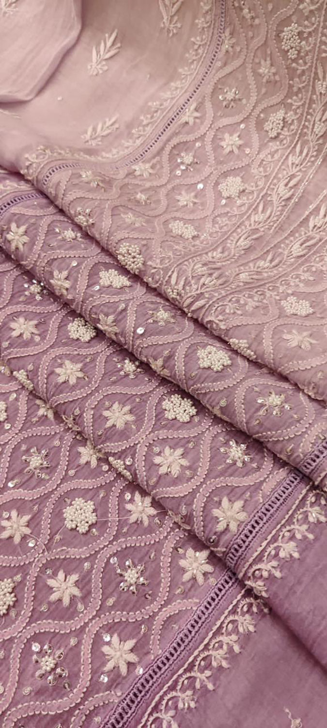 Purple Chikankari Hand Embroidered Chanderi Silk Two Piece Unstitched Suit Set - Luxurion World