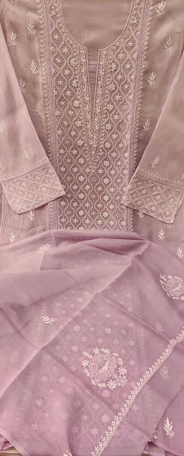 Purple Chikankari Hand Embroidered Chanderi Silk Two Piece Unstitched Suit Set - Luxurion World