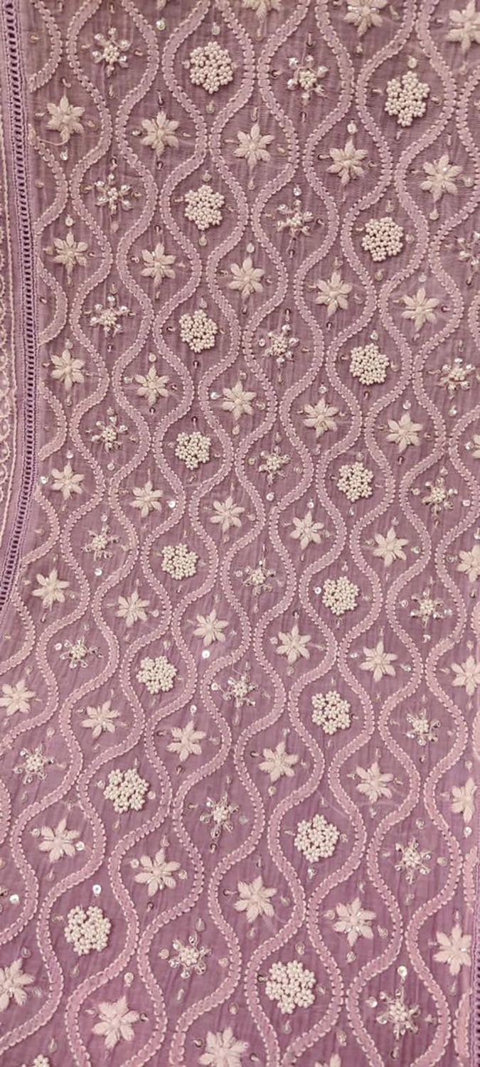 Purple Chikankari Hand Embroidered Chanderi Silk Two Piece Unstitched Suit Set - Luxurion World