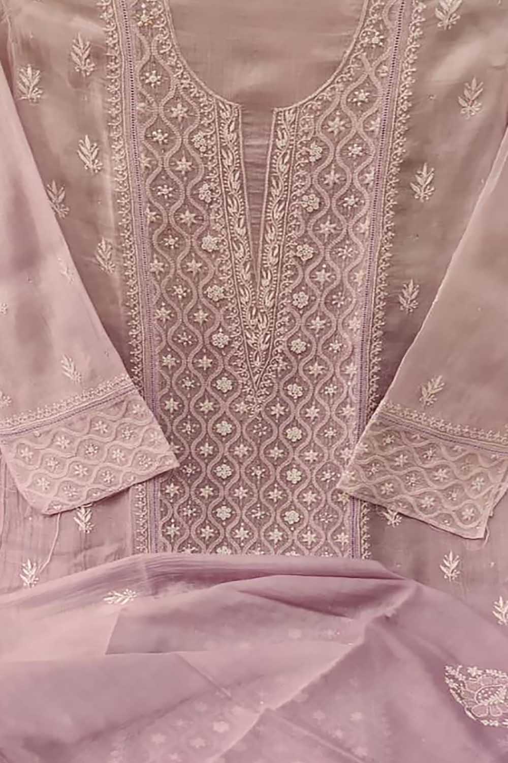 Purple Chikankari Hand Embroidered Chanderi Silk Two Piece Unstitched Suit Set - Luxurion World
