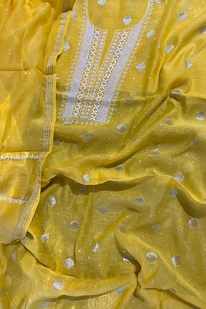 Yellow Banarasi Hand Chikankari Chanderi Silk Two Piece Unstitched Suit Set