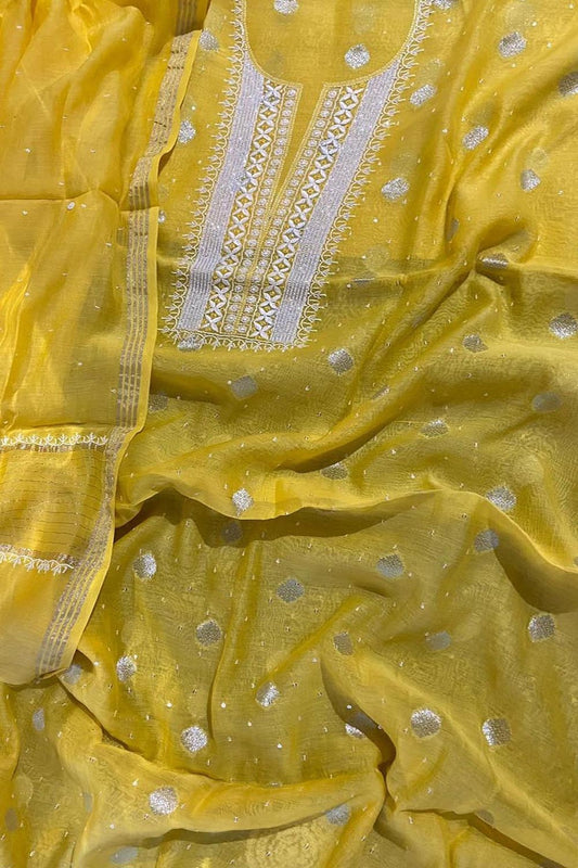 Yellow Banarasi Hand Chikankari Chanderi Silk Two Piece Unstitched Suit Set - Luxurion World