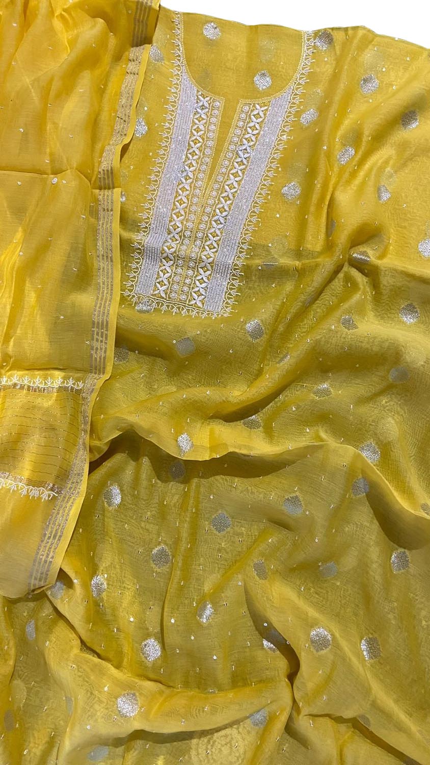 Yellow Banarasi Hand Chikankari Chanderi Silk Two Piece Unstitched Suit Set - Luxurion World