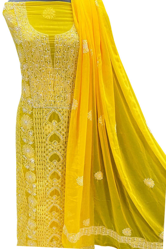Stunning Yellow Hand Chikankari Georgette Suit Set - Unstitched - Luxurion World