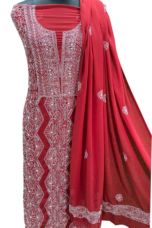Stunning Red Hand Chikankari Chiffon Georgette Suit Set - Unstitched - Luxurion World