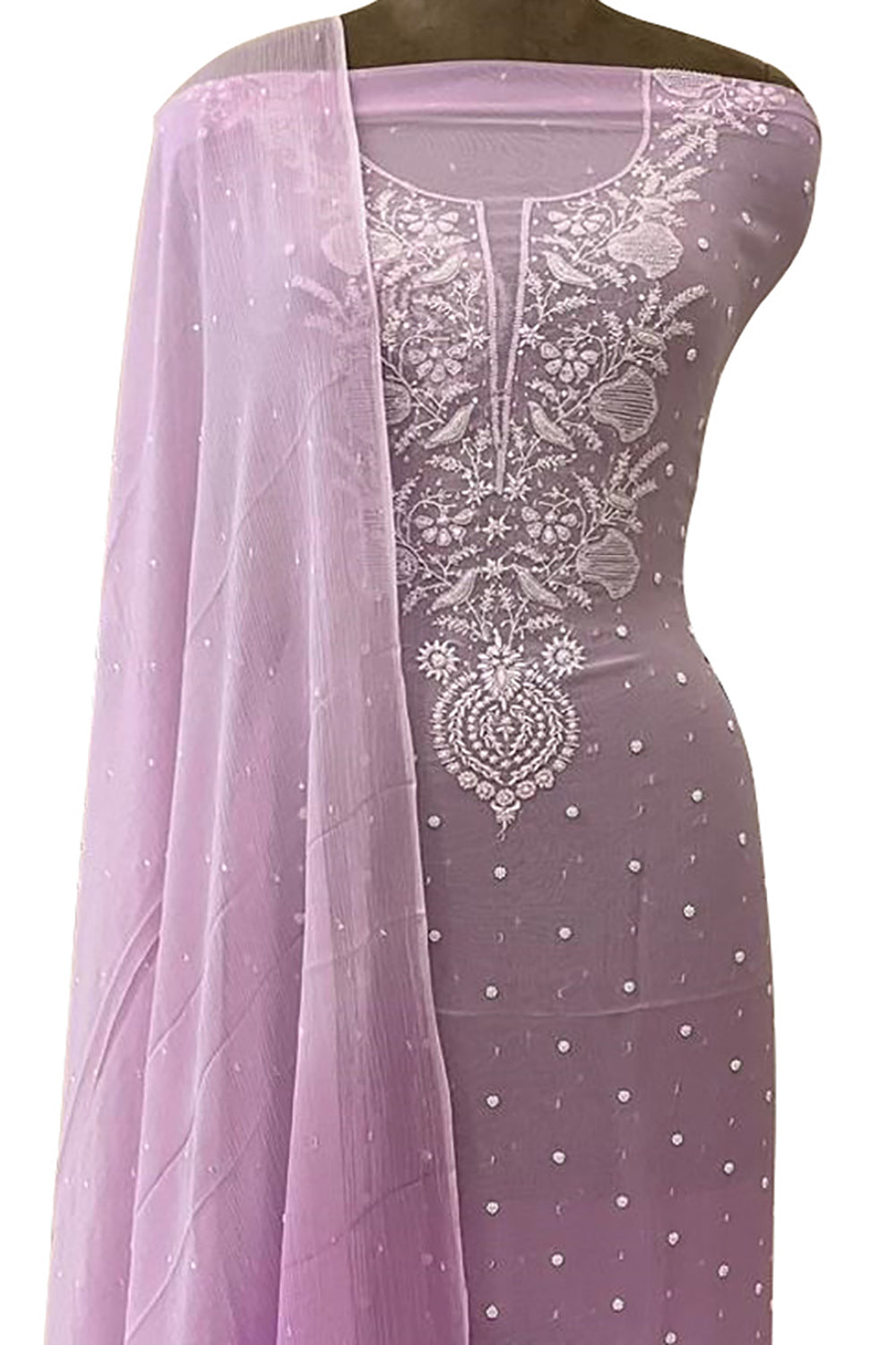 Elegant Pink Chikankari Chiffon Suit Set: Sequins & Pearl Embroidery - Luxurion World