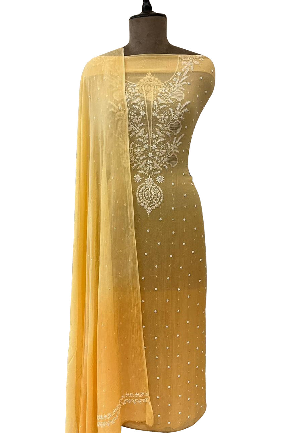 Exquisite Yellow Chikankari Chiffon Suit Set: Handcrafted Elegance - Luxurion World
