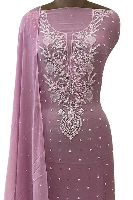 Elegant Pink Chikankari Chiffon Suit: Intricate Hand-Embroidery, Sparkling Sequins & Delicate Pearls - Luxurion World