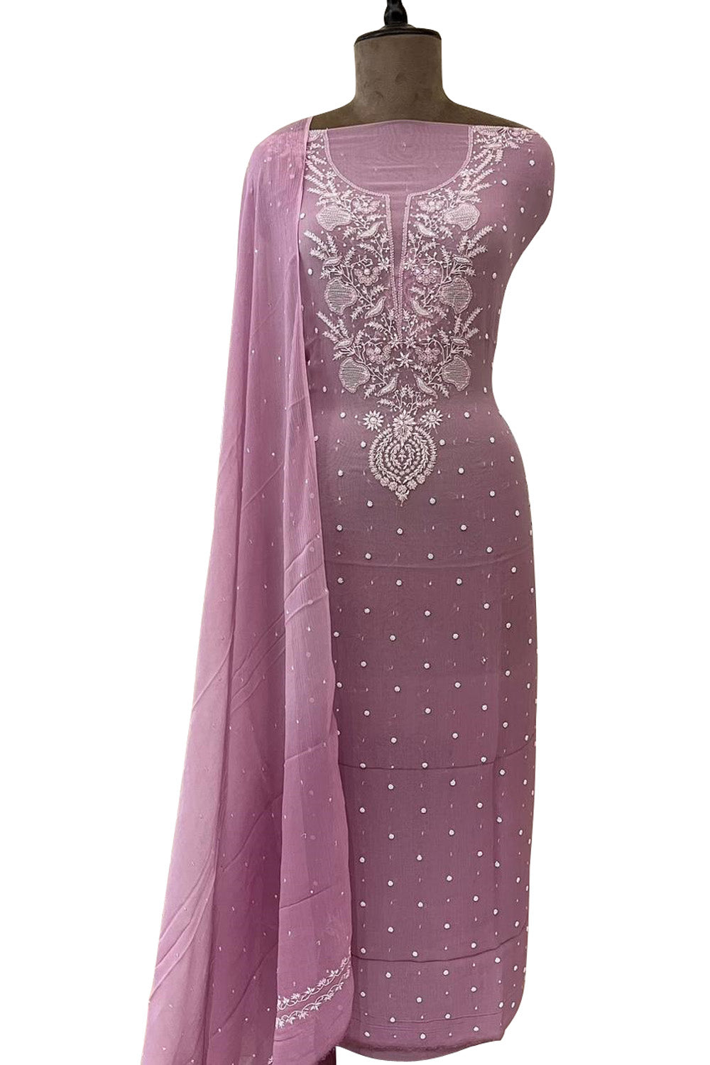 Elegant Pink Chikankari Chiffon Suit: Intricate Hand-Embroidery, Sparkling Sequins & Delicate Pearls - Luxurion World