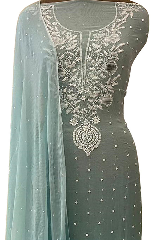 Stunning Blue Chikankari Chiffon Suit: Intricate Sequin & Pearl Embroidery