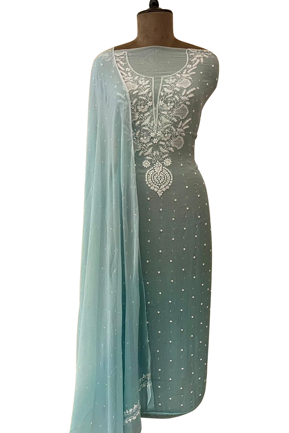 Stunning Blue Chikankari Chiffon Suit: Intricate Sequin & Pearl Embroidery - Luxurion World