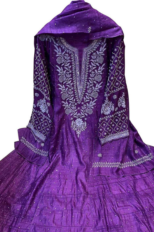 Elegant Purple Chikankari Tussar Silk Anarkali Suit Set - Luxurion World